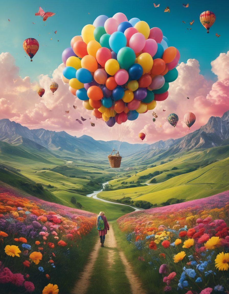 A vibrant collage showcasing a whimsical world created from photographs, blending snapshots of ordinary life into fantastical artwork. Include elements like dreamlike landscapes, playful creatures, and colorful textures that evoke joy and creativity. Showcase a transformation from a raw snapshot to an imaginative piece of art, emphasizing the journey. Add whimsical details like floating balloons and swirling clouds for a joyful vibe. vibrant colors. surrealism.