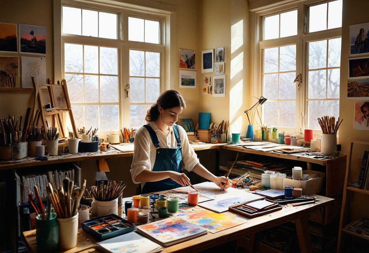 A vibrant workspace filled with artistic tools like paintbrushes, cameras, and sketches, surrounded by inspiring visual storytelling elements such as storyboards and mood boards. Include a person deeply engaged in creating an artwork that combines photography and painting, with colorful splashes representing imagination and creativity hovering around. Soft light pouring in from a window to emphasize an uplifting atmosphere. super-realistic. vibrant colors. 3D.