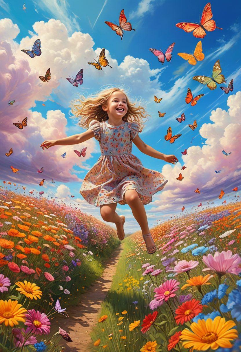 A whimsical scene featuring a playful child joyfully jumping in a field of colorful flowers, surrounded by floating whimsical creatures like butterflies and fairies, capturing the essence of happiness through vibrant colors and creative angles. The background should show a dreamy sky filled with fluffy clouds, enhancing the magical atmosphere. super-realistic. vibrant colors. whimsical style.